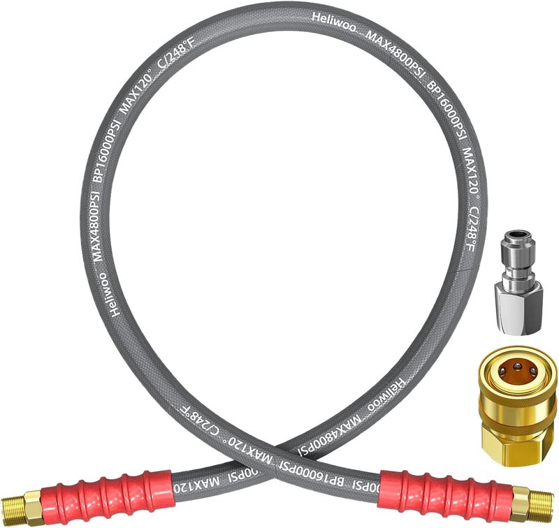 Heliwoo Pressure Washer Whip Hose, 4FT, 3/8'' Hose Reel Connector with 3/8'' Quick Connect Adapter Set, Steel-Braided, 4800 PSI - Image 1